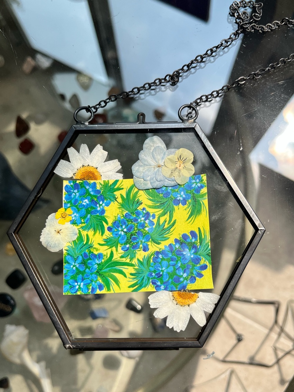 Handmade Hexagon Glass Floral Hanging Decor - Blue & Yellow